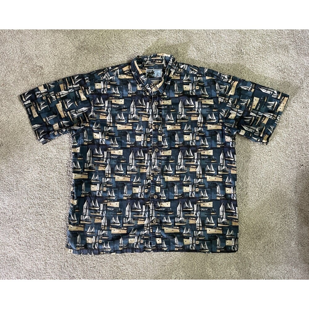 AFTCO Bluewater Hawaiian Button Down Sailboat Shirt Men Size XL Aloha Shirt